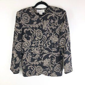 Jones New York Blazer Jacket Vintage Silk Floral Shoulderpads Black Brown 8